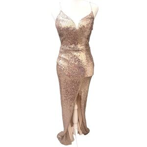 Formal Maxi Dress Sequined Rose Gold Sz 3/4 Glam Wedding Sexy Cocktail HoCo Prom
